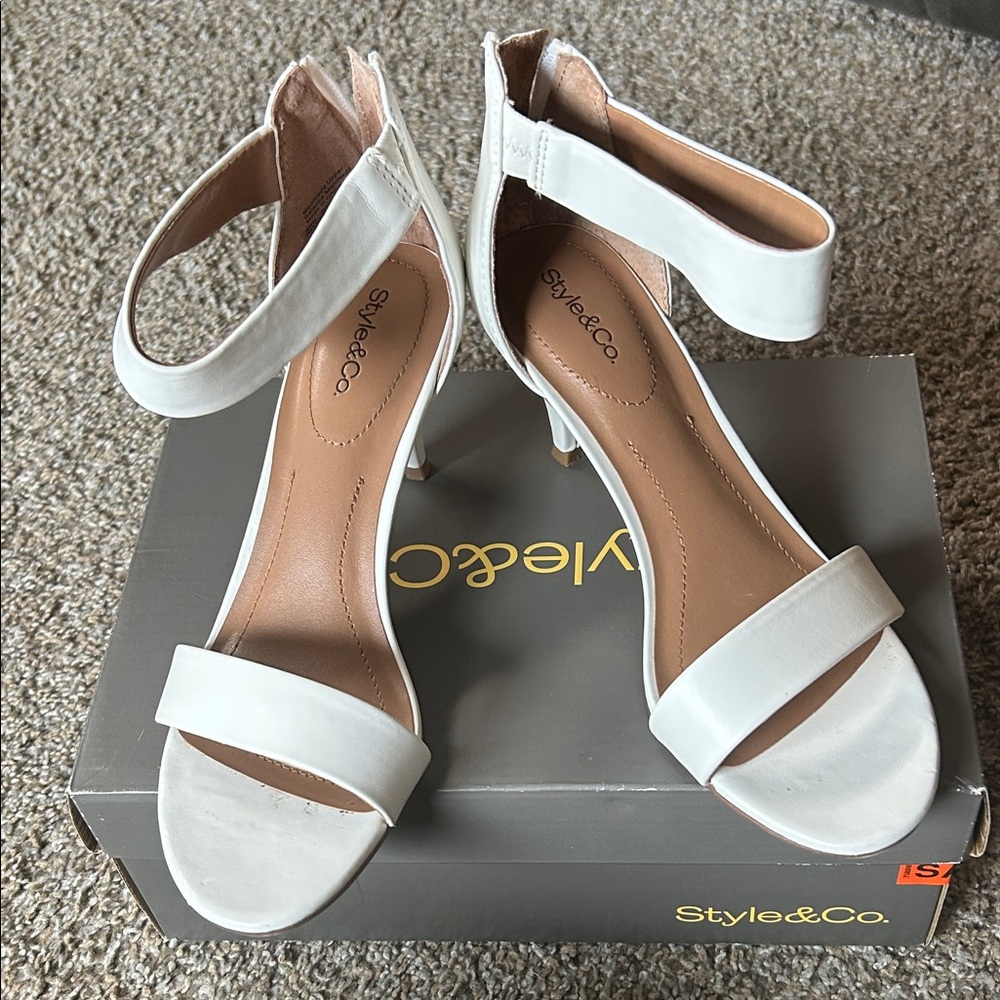 Style & Co. Paycee White Heeled Ankle Strap Shoes